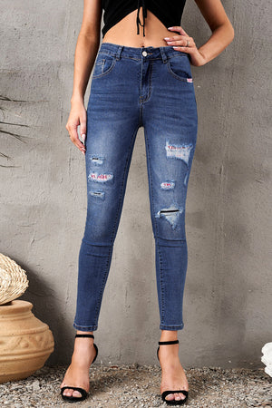 Aztec Patch Ripped Slim-fit Jeans