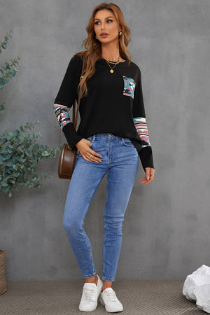 Black Aztec Patchwotk Long Sleeve Top