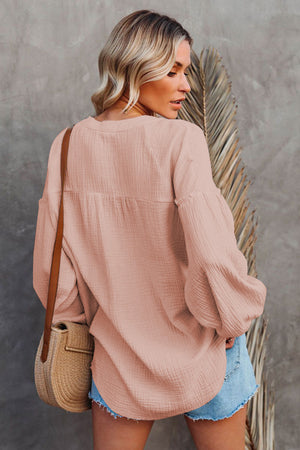 Pink Casual Balloon Sleeve Crinkled Top