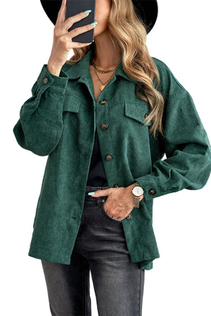 Green Corduroy Long Sleeve Button-up Shirt Coat