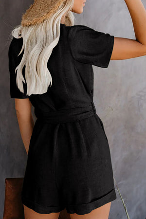 Black V Neck Short Sleeve Buttons Belted Romper with Pockets