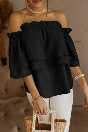 Black Swiss Dot Ruffled Off The Shoulder Blouse