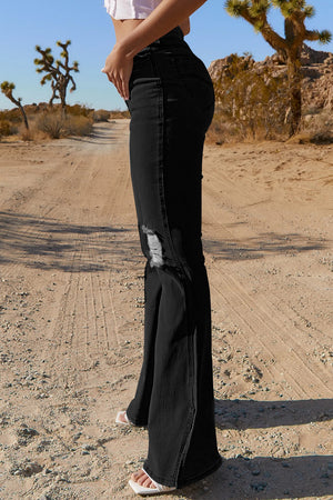 Black Ripped Slit Legs Flare Jeans