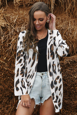 White Leopard Print Bell Sleeve Open Front Knitted Cardigan
