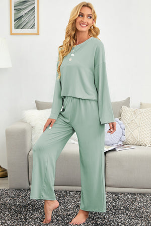 Green Long Sleeve Buttoned Wide Leg Lounge Wear