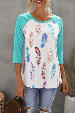 Green Feather Print 3/4 Raglan Sleeve Top