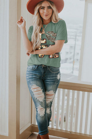 Green Crew Neck Cartoon Letter Print Valentine Tee
