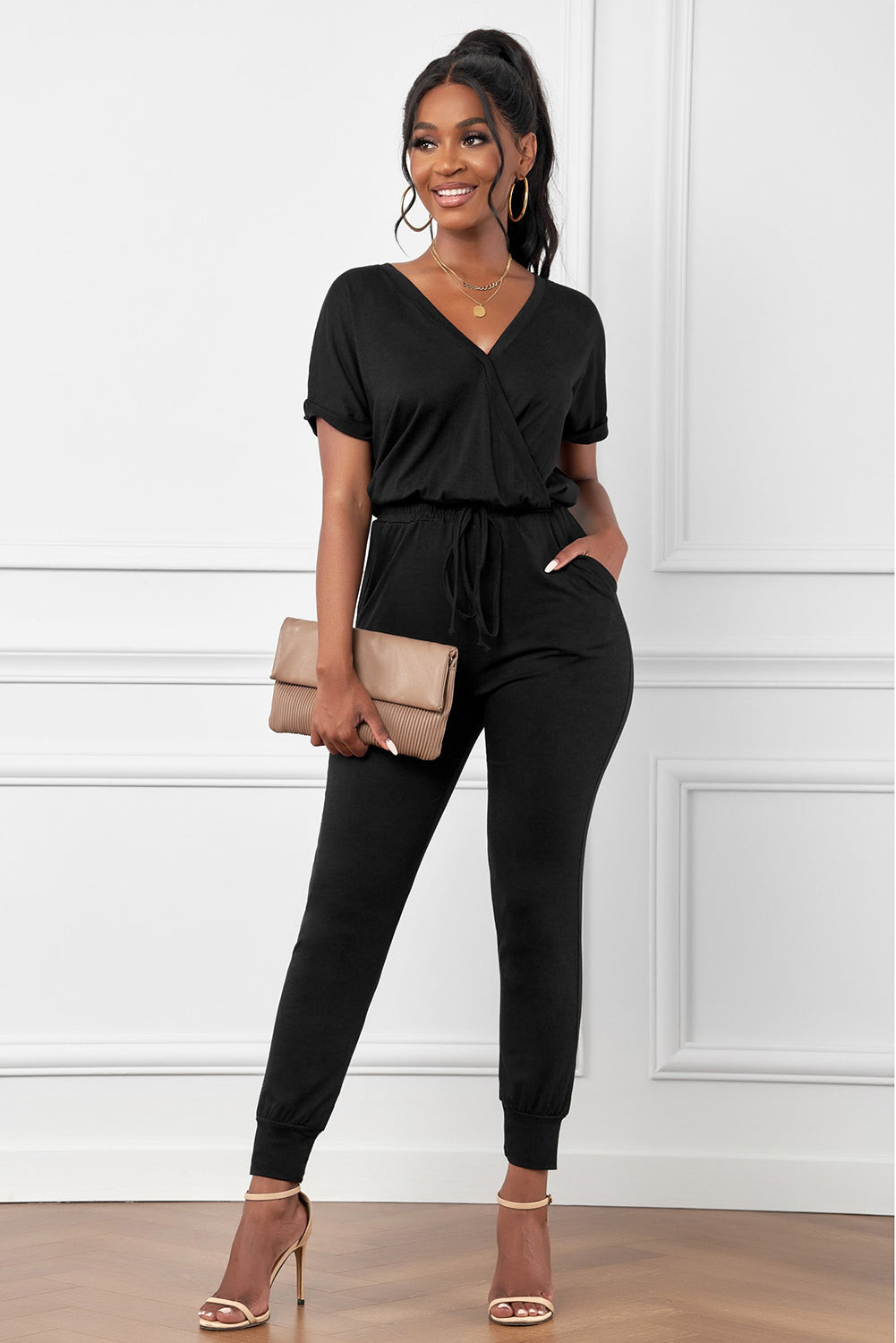 Black V Neck Wrap Front Jumpsuits