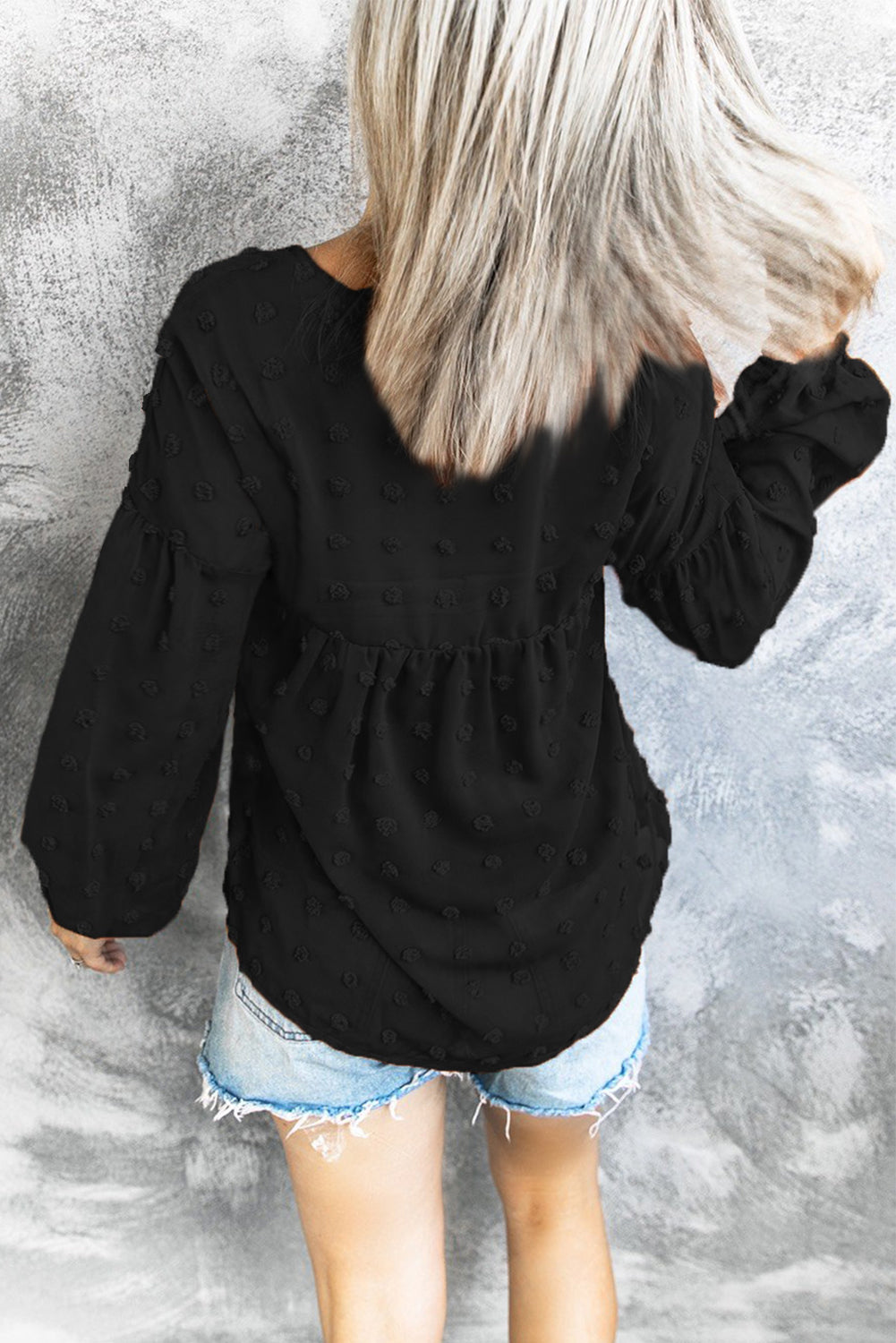 Black Swiss Dot V Neck Puff Sleeve Babydoll Shirt