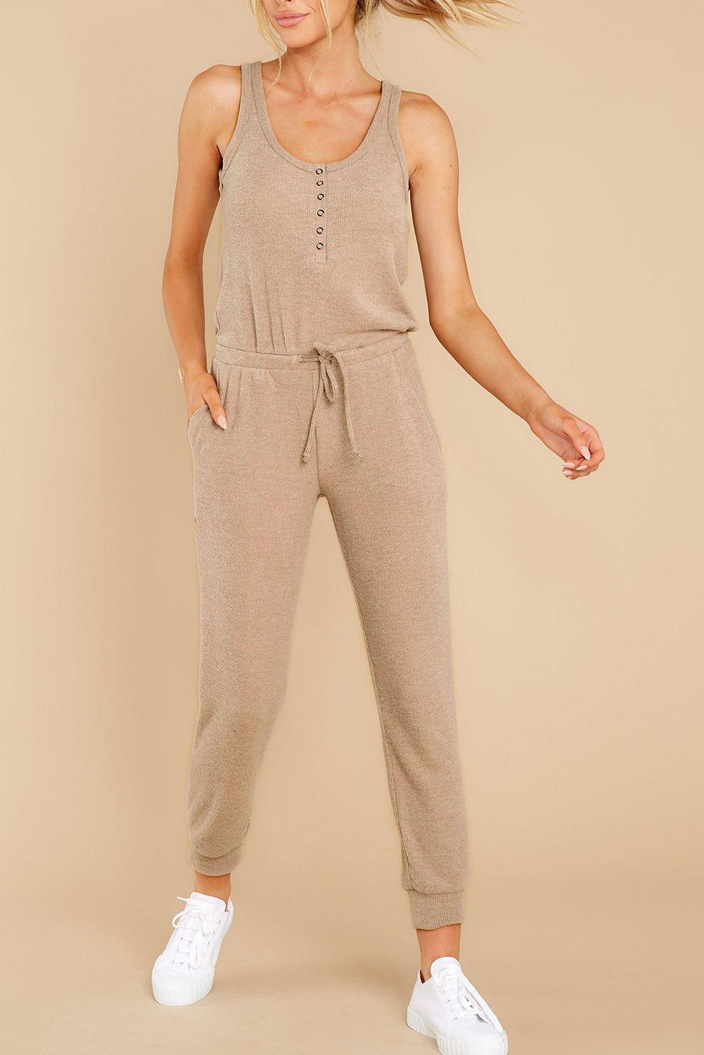 Khaki Sleeveless Buttons Pocket Tie Waist Jumpsuit