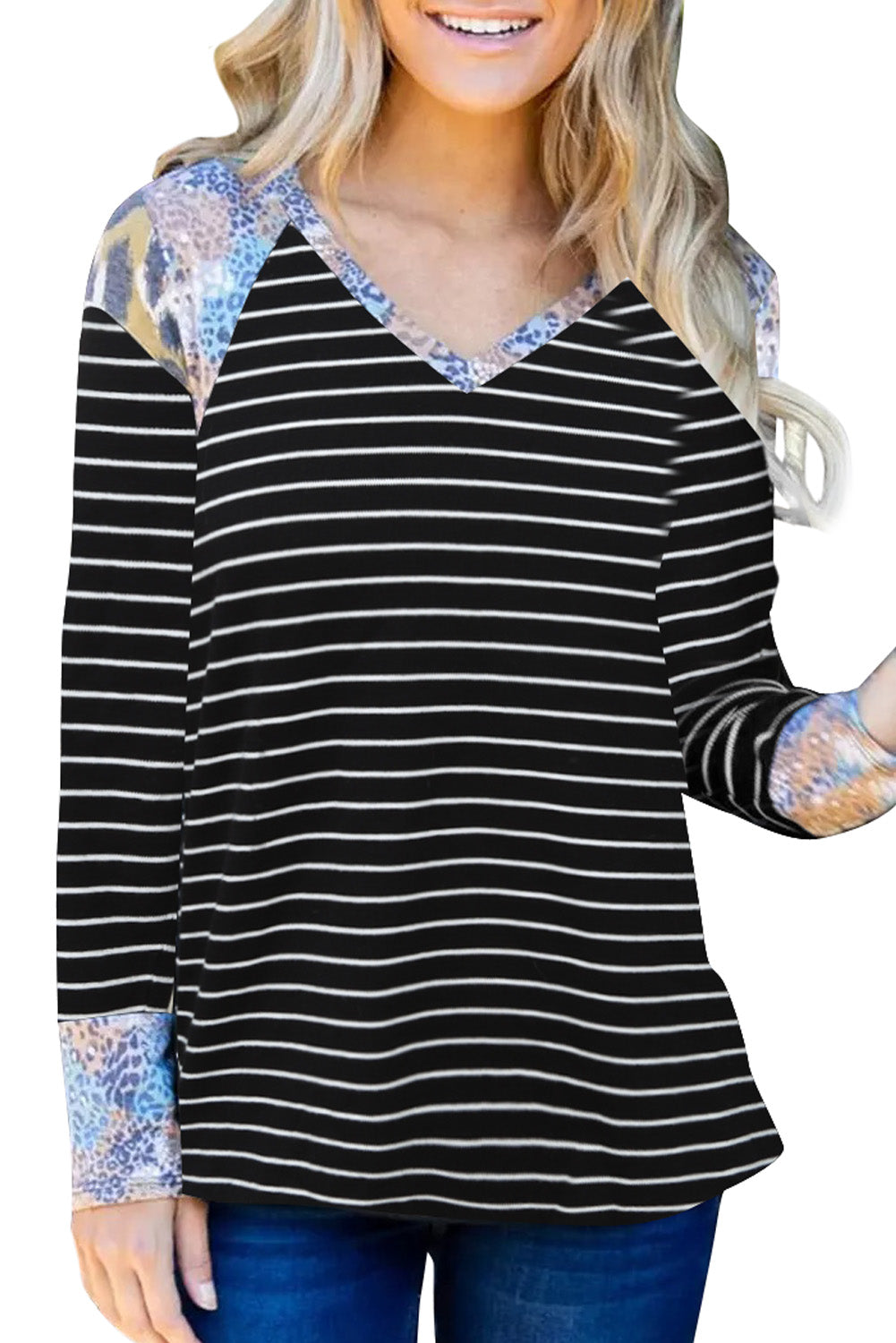 Leopard Stripe Splicing V Neck Long Sleeve Top