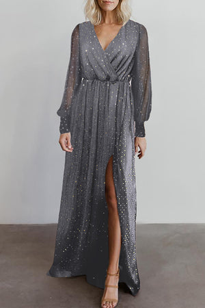 Gray Side Split Rhinestone V Neck Maxi Dress