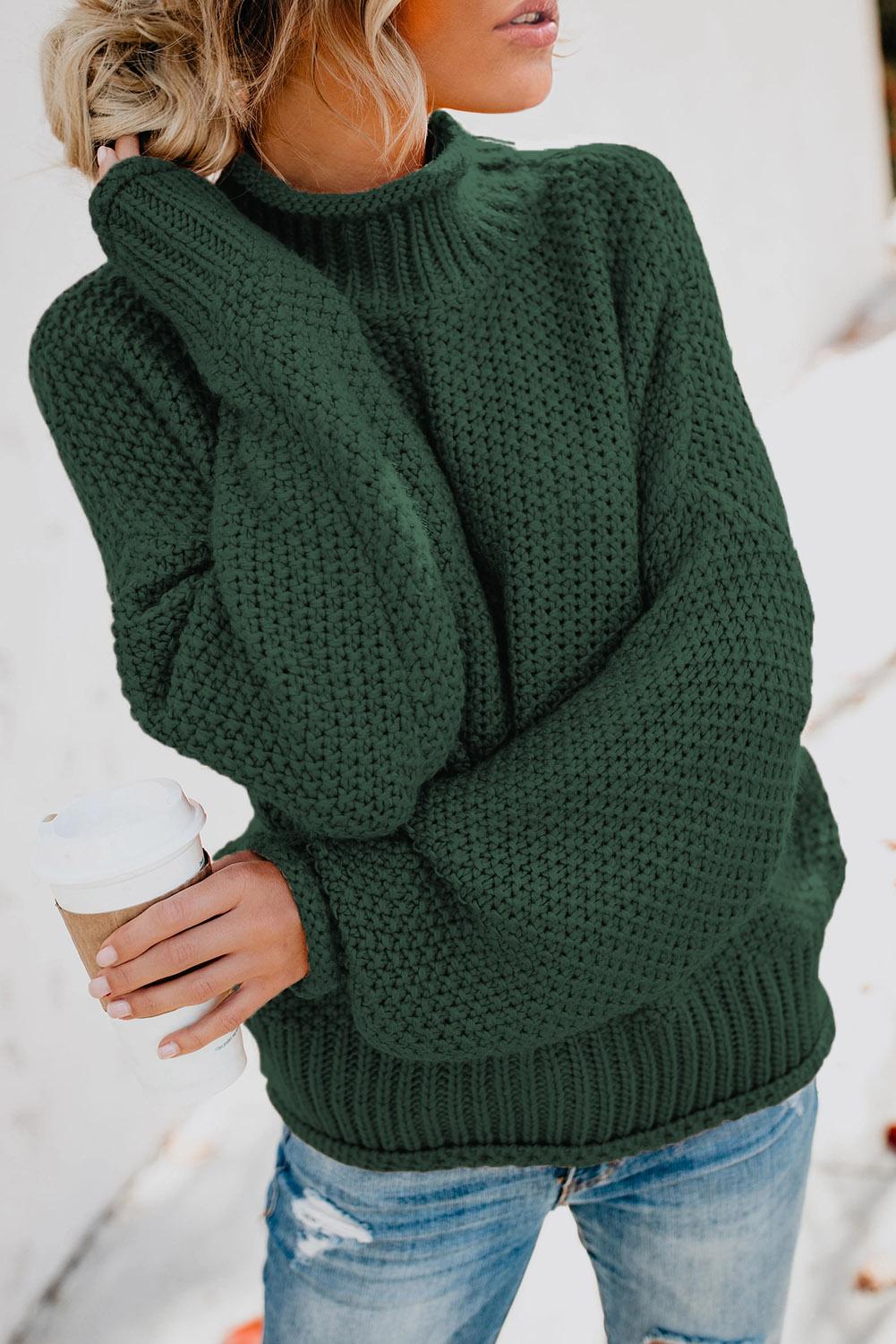 Green Oversized Chunky Batwing Long Sleeve Turtleneck Sweater