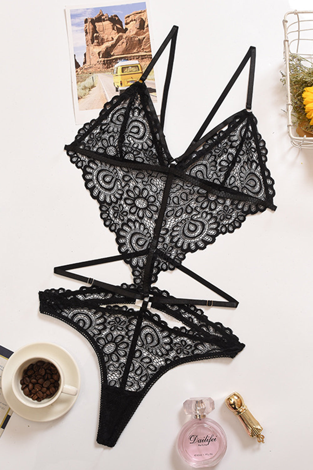 Black Strappy Hollow-out Backless Lace Teddy