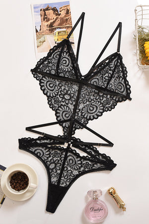 Black Strappy Hollow-out Backless Lace Teddy