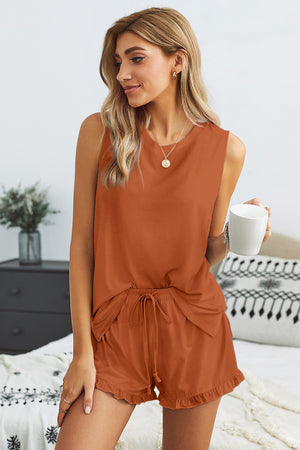 Orange Crew Neck Tank and Drawstring Ruffled Shorts Lounge Set