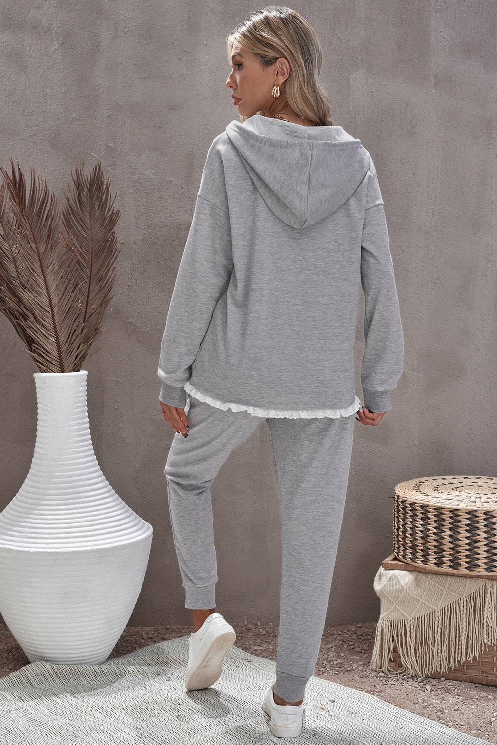 Gray Snap Buttons Lacy Hoodie and Sweatpants Lounge Set