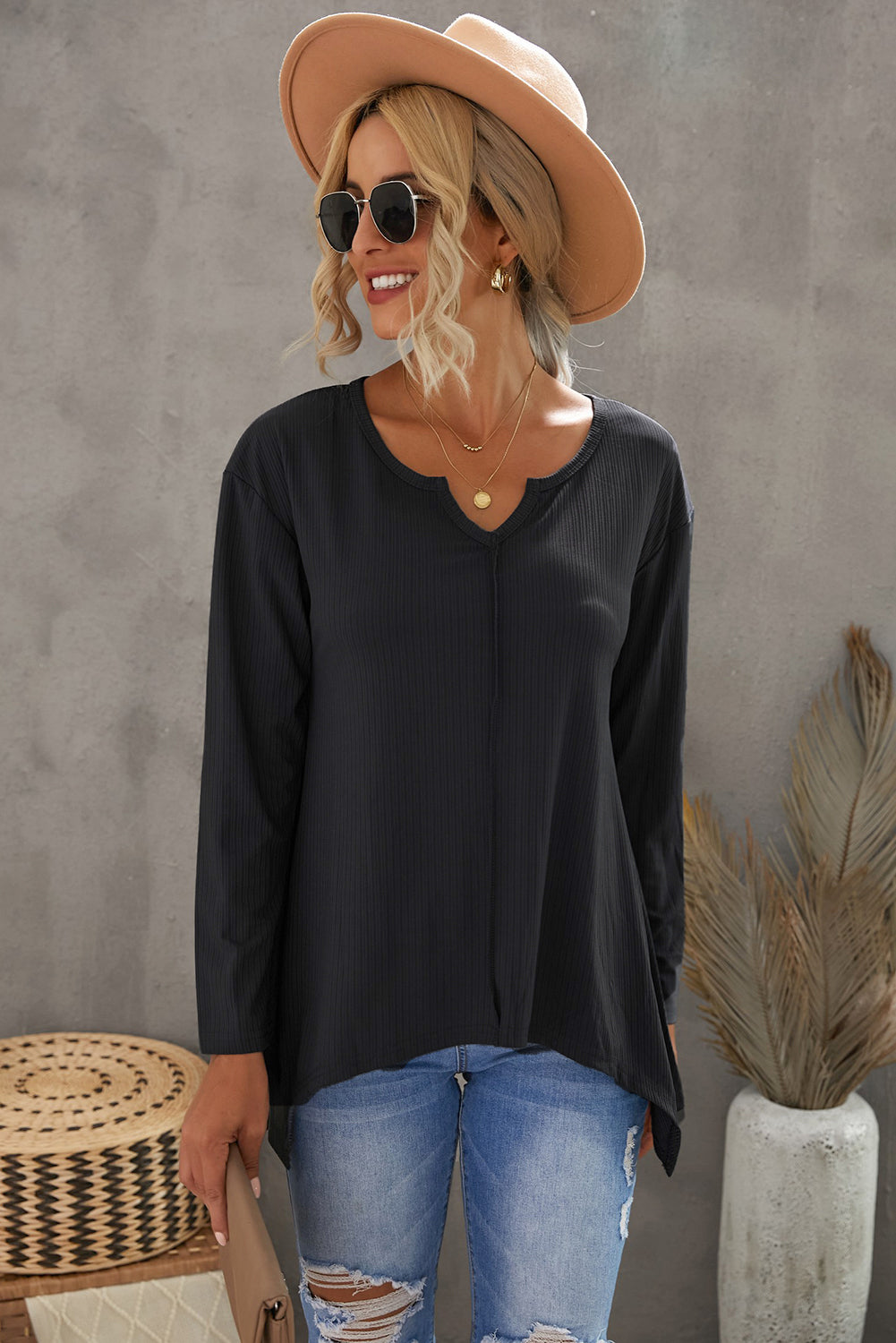 Gray Asymmetric Hemline Long Sleeve Top