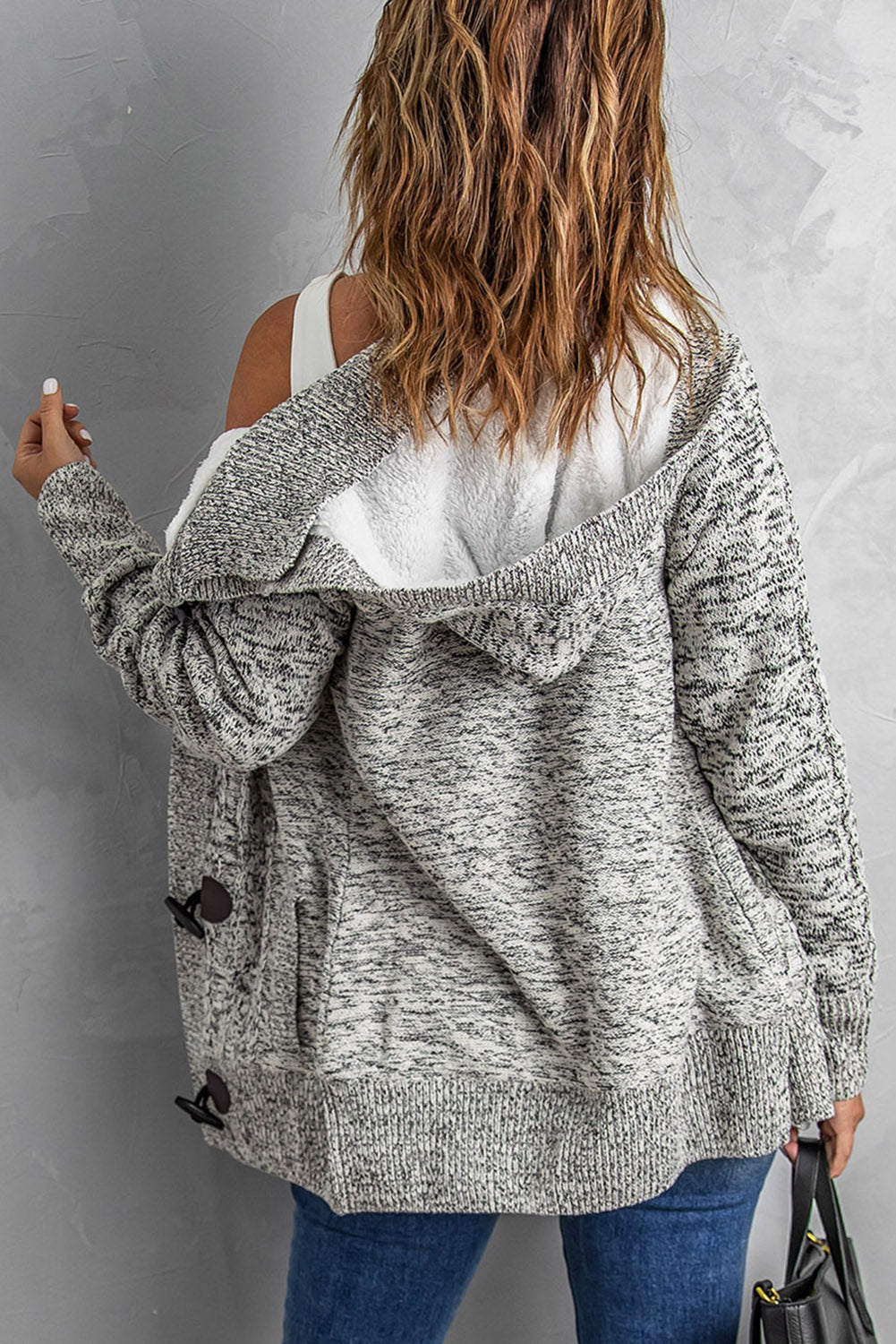 Heather Gray Fur Hood Horn Button Sweater Cardigan
