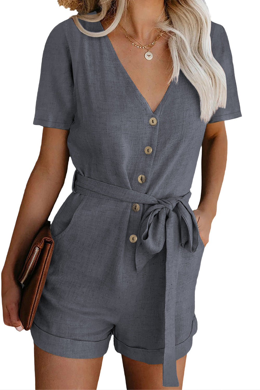 Gray V Neck Short Sleeve Buttons Belted Romper with Pockets