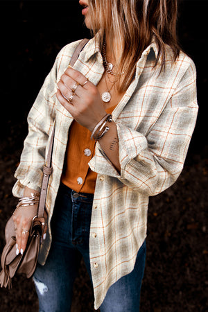 Khaki Turn Down Collar Plaid Shirt
