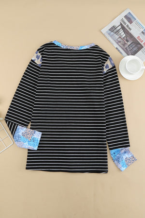 Leopard Stripe Splicing V Neck Long Sleeve Top