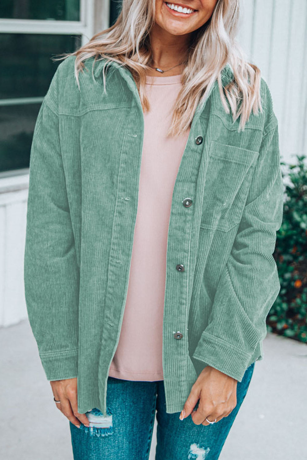 Green Pocket Buttons Corduroy Jacket