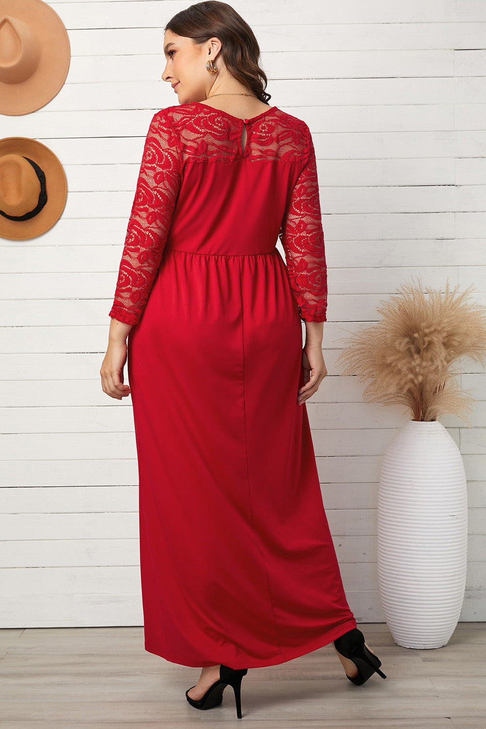 Red Plus Size 3/4 Lace Sleeve Yoke Maxi Dress