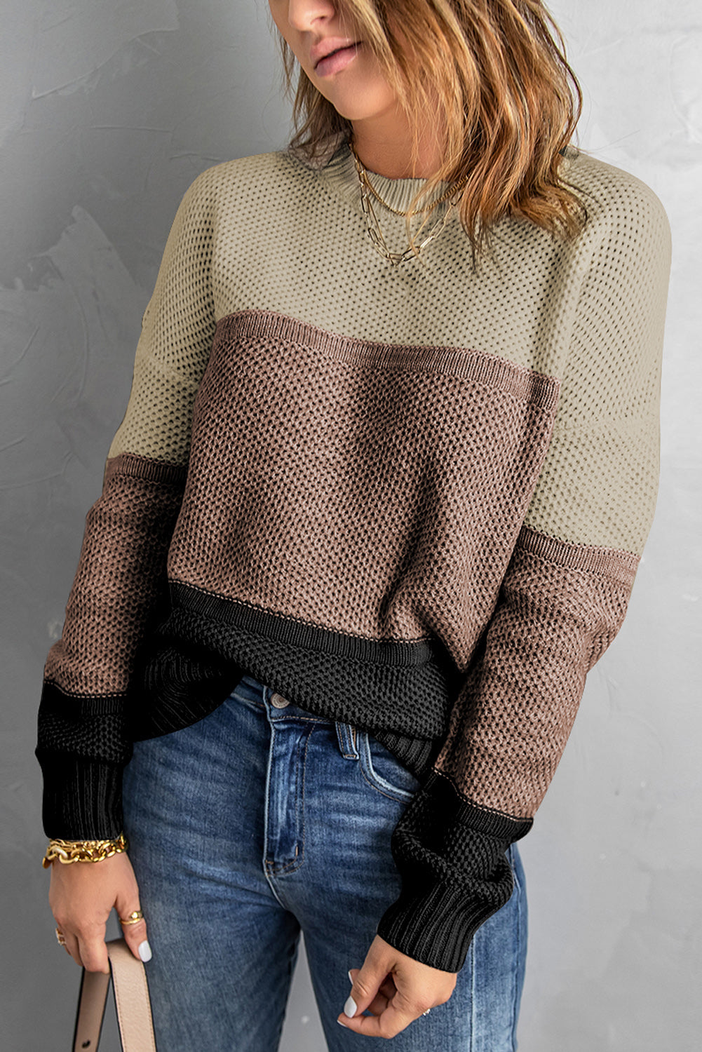 Khaki Color Block Netted Texture Pullover Sweater