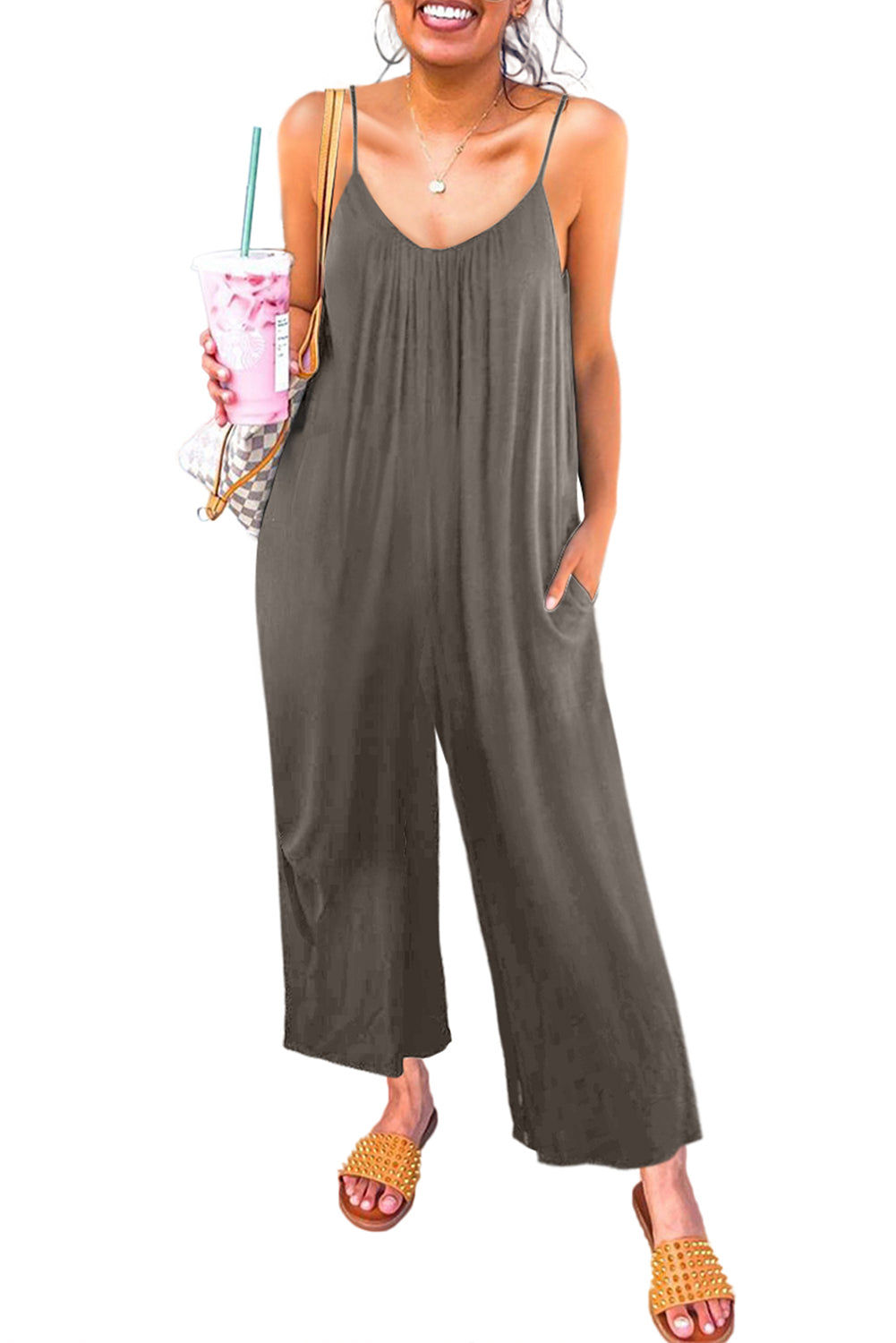 Gray Spaghetti Straps Wide Leg Pocketed Jumpsuits