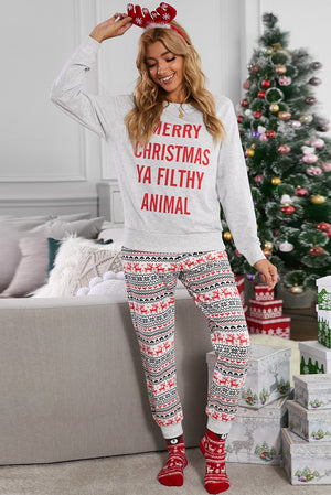 Gray Reindeer Print Christmas Lounge Set