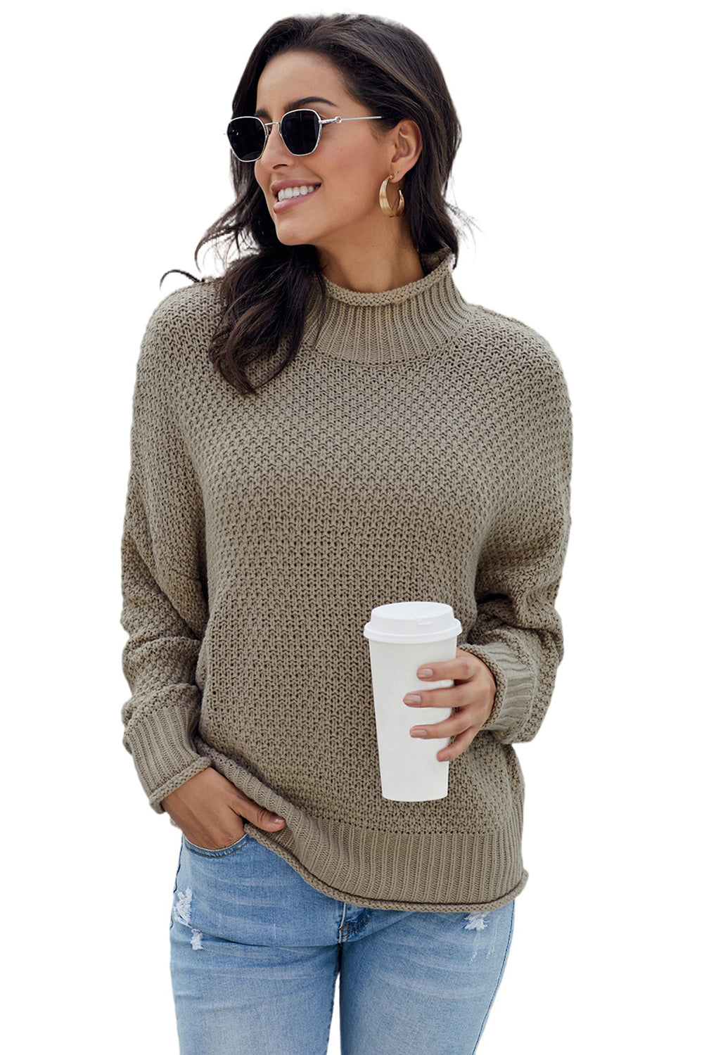 Khaki Oversized Chunky Batwing Long Sleeve Turtleneck Sweater
