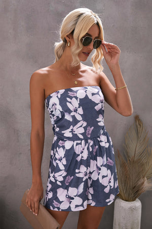 Gray Bandeau Floral Print Romper with Pockets