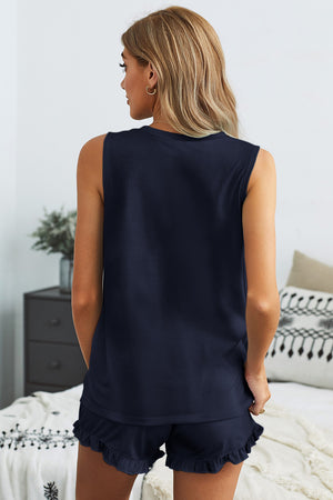 Blue Crew Neck Tank and Drawstring Ruffled Shorts Lounge Set