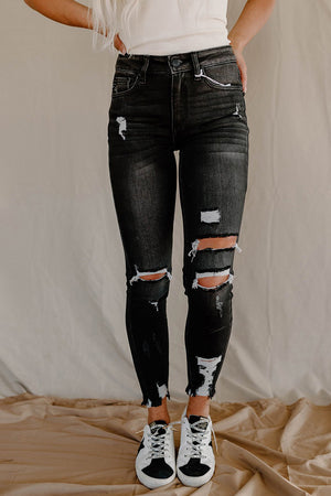 Black High Rise Distressed Skinny Jeans