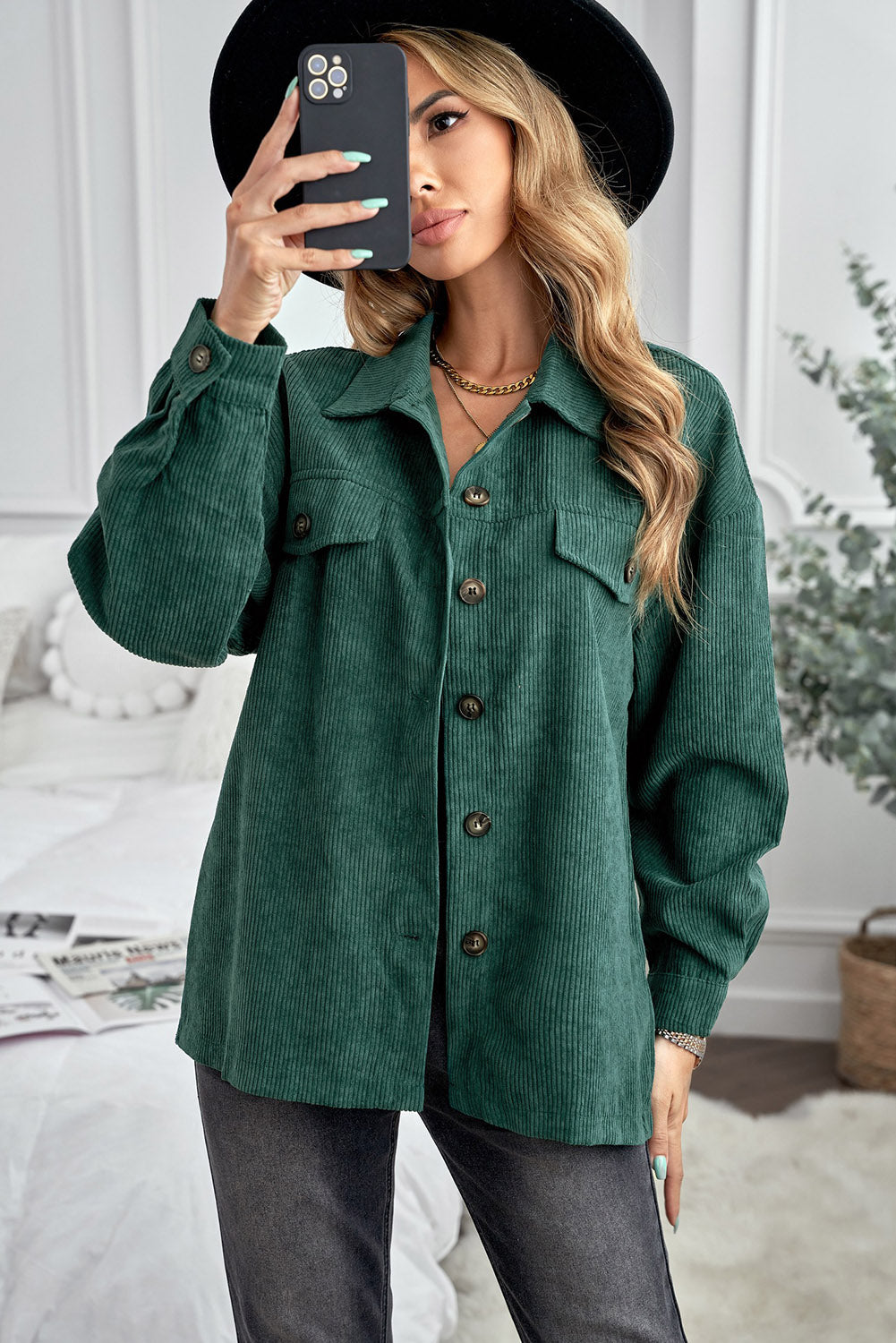 Green Corduroy Long Sleeve Button-up Shirt Coat