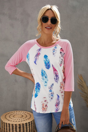 Pink Feather Print 3/4 Raglan Sleeve Top