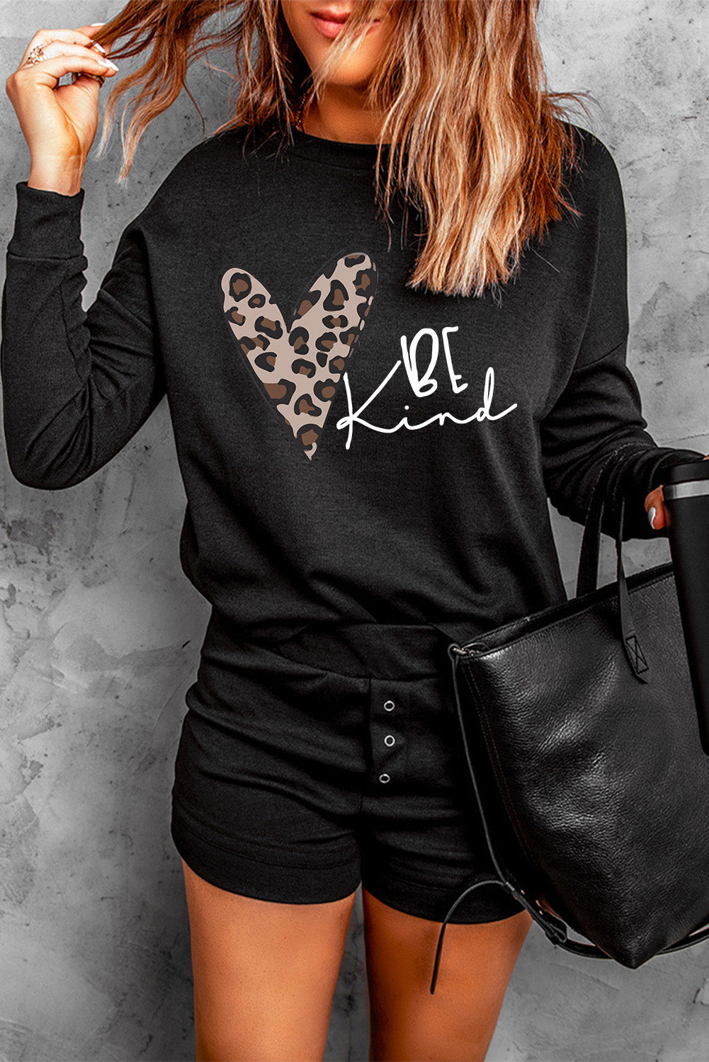 Be Kind Leopard Heart Print Long Sleeve Top and Shorts Loungewear