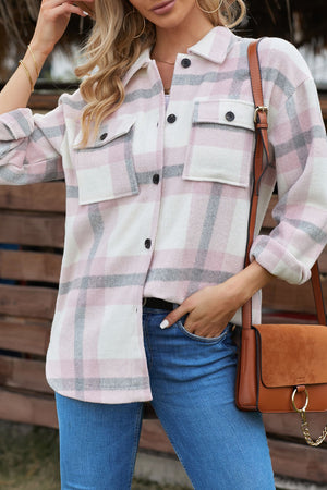 Pink Plaid Print Pocket Women Shacket