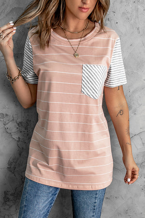 Pink Striped Short Sleeve Contrast Color T-Shirt with Pocket