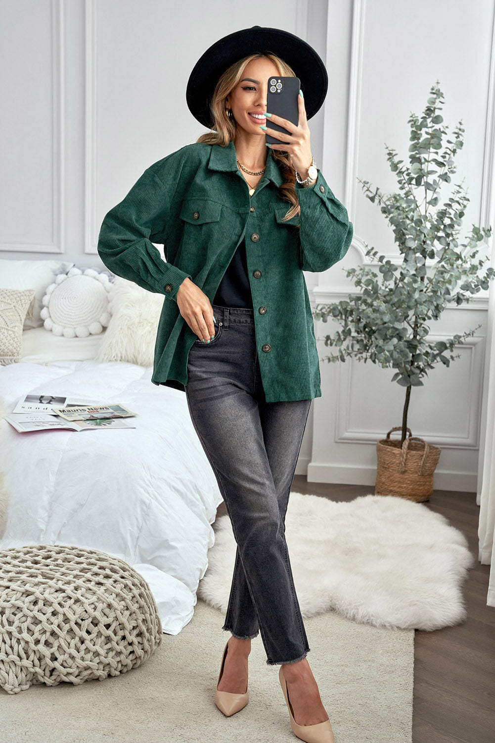 Green Corduroy Long Sleeve Button-up Shirt Coat