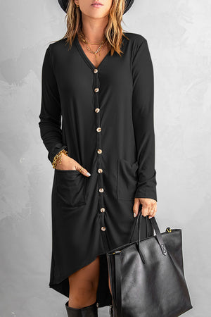 Black Selected Button Pocketed High Low Cardigan