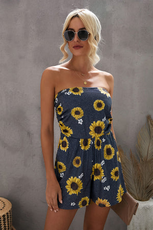 Yellow Floral Print Bandeau Romper with Pockets