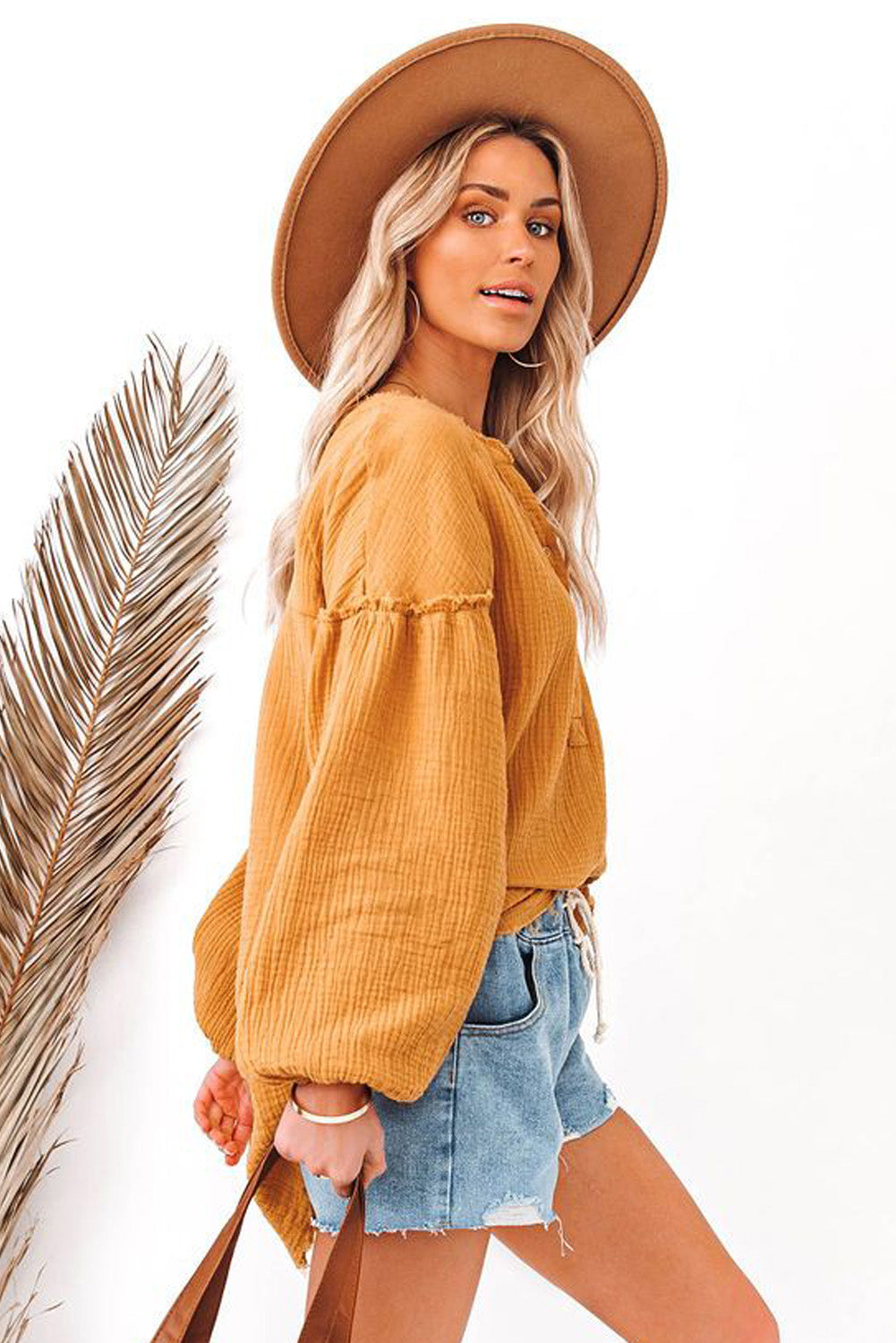 Yellow Casual Balloon Sleeve Crinkled Top