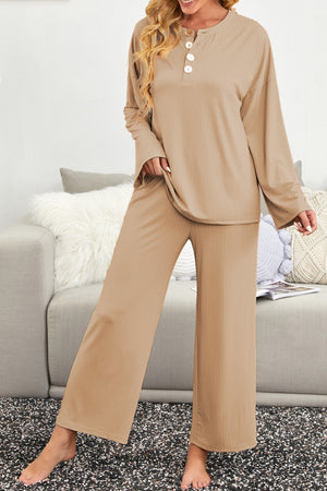 Apricot Long Sleeve Buttoned Wide Leg Lounge Wear