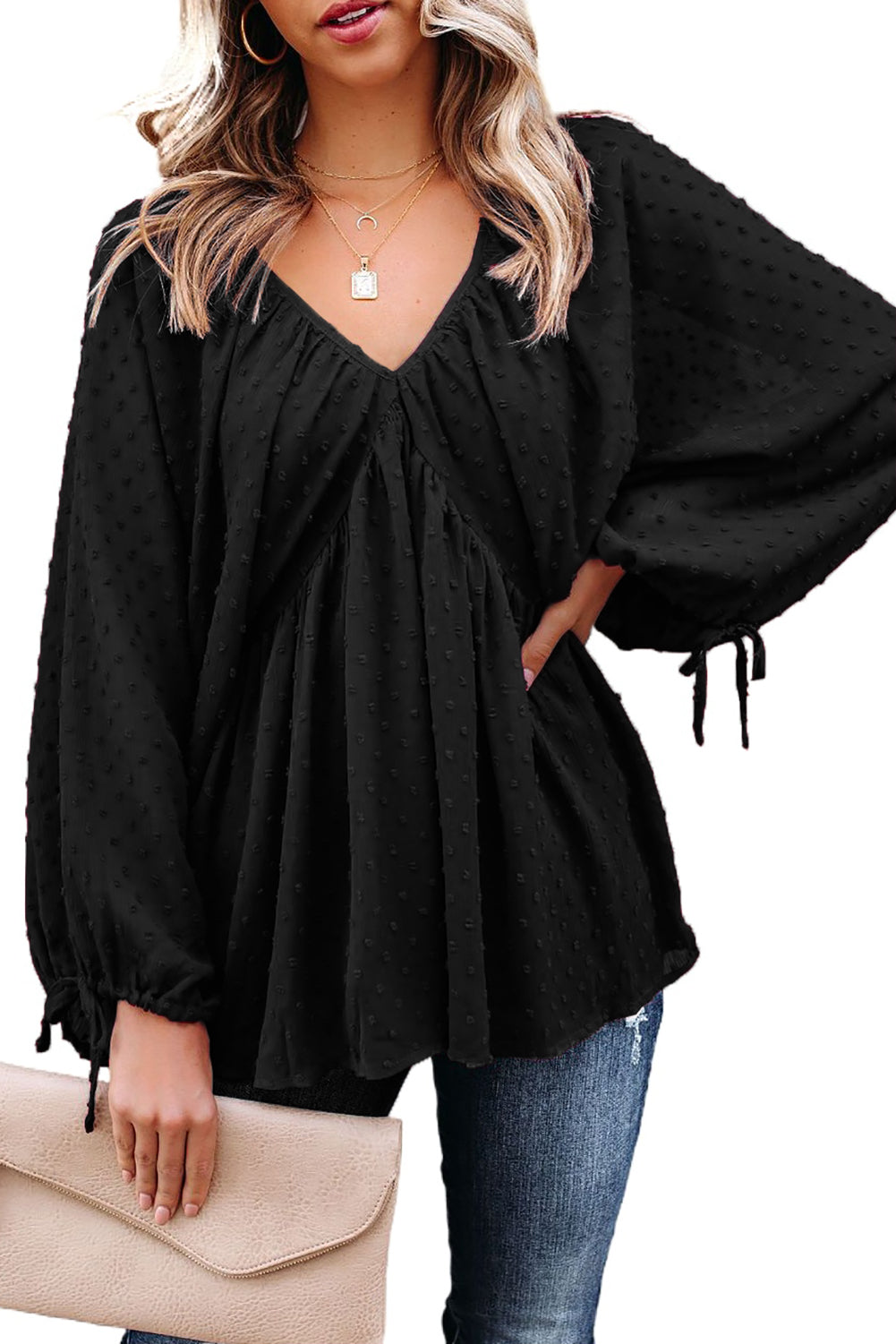 Black Swiss Dot Lace-up V Neck Long Sleeve Top