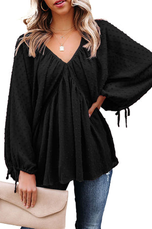 Black Swiss Dot Lace-up V Neck Long Sleeve Top