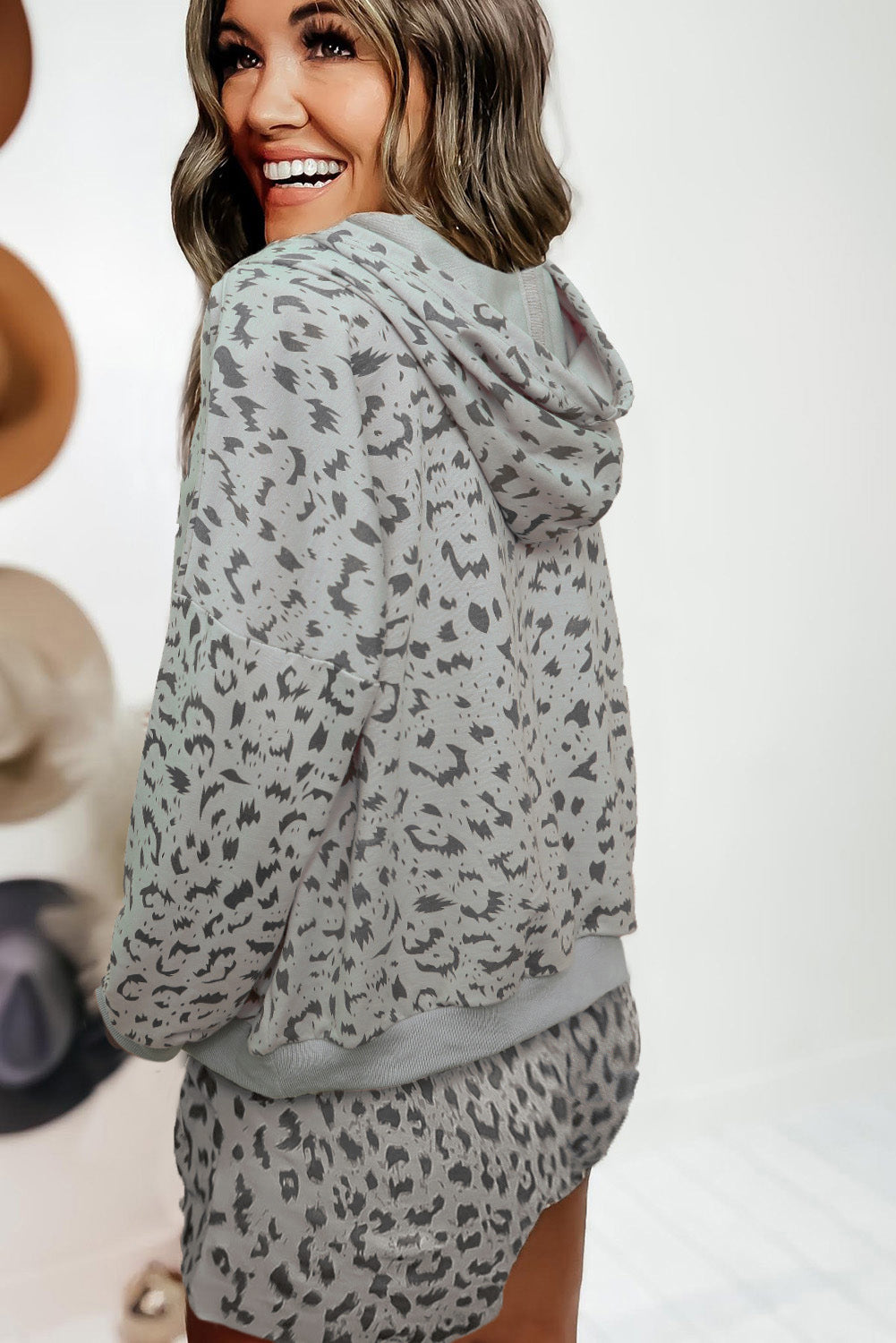 Leopard Two-piece Long Sleeve Hooded Top and Shorts Lounge Set