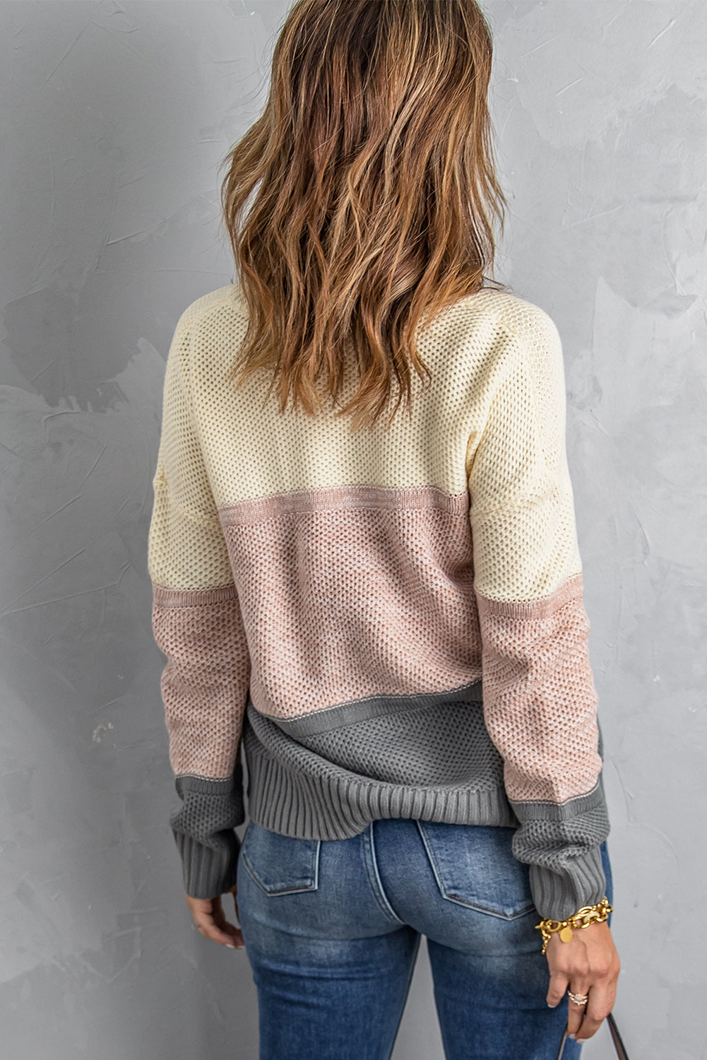 Dark Grey Color Block Netted Texture Pullover Sweater