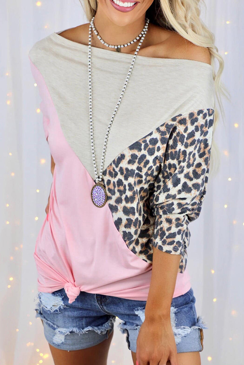 Leopard Colorblock Splicing Off The Shoulder Top